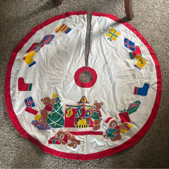 Vintage Other - Vintage Red and White Holiday Tree Skirt with Teddy Bears